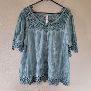 Pretty Angel Peasant Crochet Linen Blend Top Sz L/XL Teal Boho Lagenlook Western